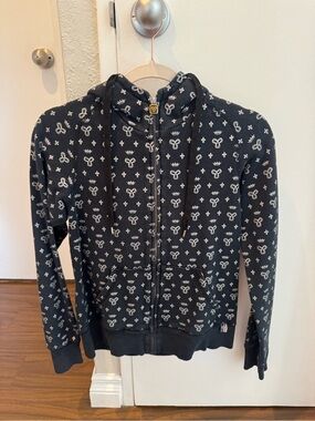 Womens Retro Black Zip-Up Hoodie with Crown & Bee Print